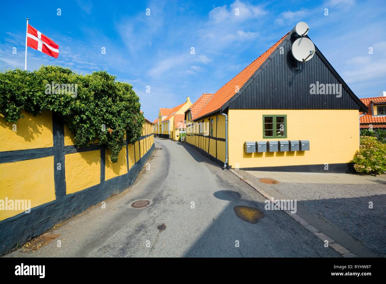 Traditional colorful half timbered houses in Allinge, Bornholm, Denmark Stock Photo