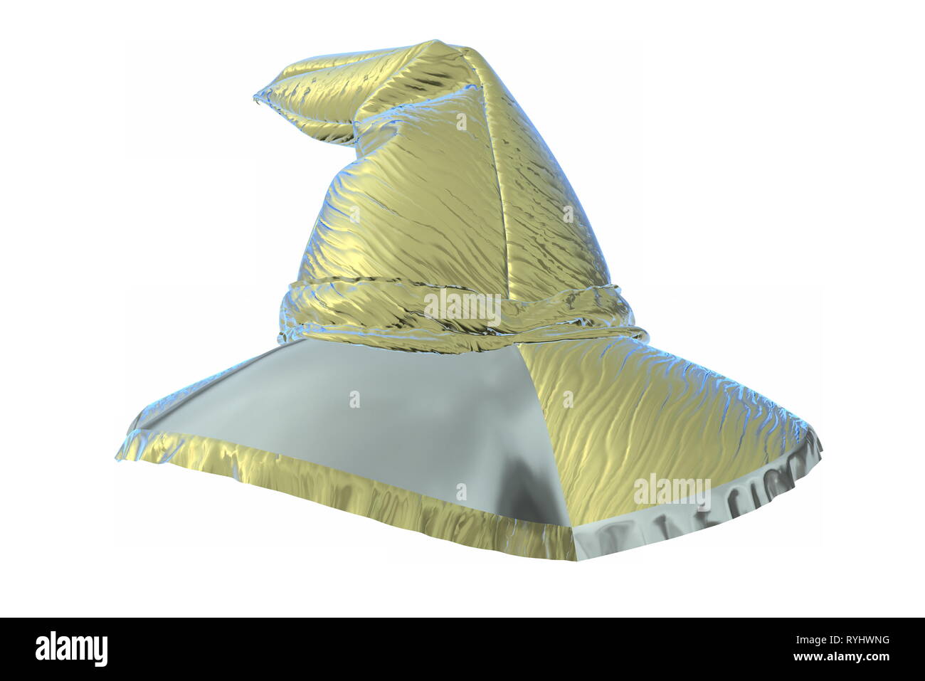 An 3d render illustration of a cartoon Halloween witch hat made of bright reflected foil or shini plastic iolated on white. Mockup for your design Stock Photo