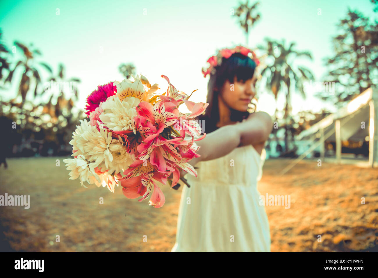 Girl modeling with flowers bouquet Stock Photo Alamy