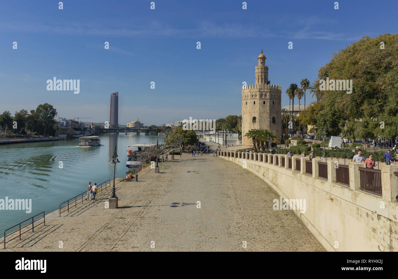 View of the Torre del Oro of Seville on the Guadalquivir river, Seville, Spain, March 03, 2019 Stock Photo