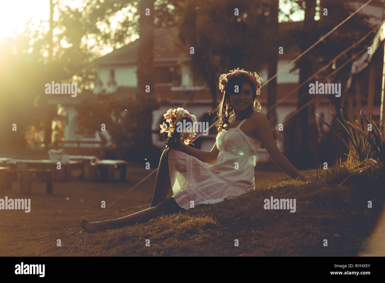 Girl modeling with flowers bouquet Stock Photo Alamy