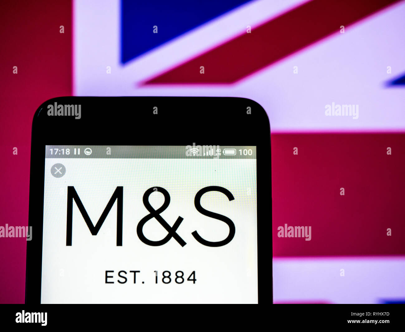 Marks & Spencer Group plc company logo seen displayed on smart phone. Stock Photo