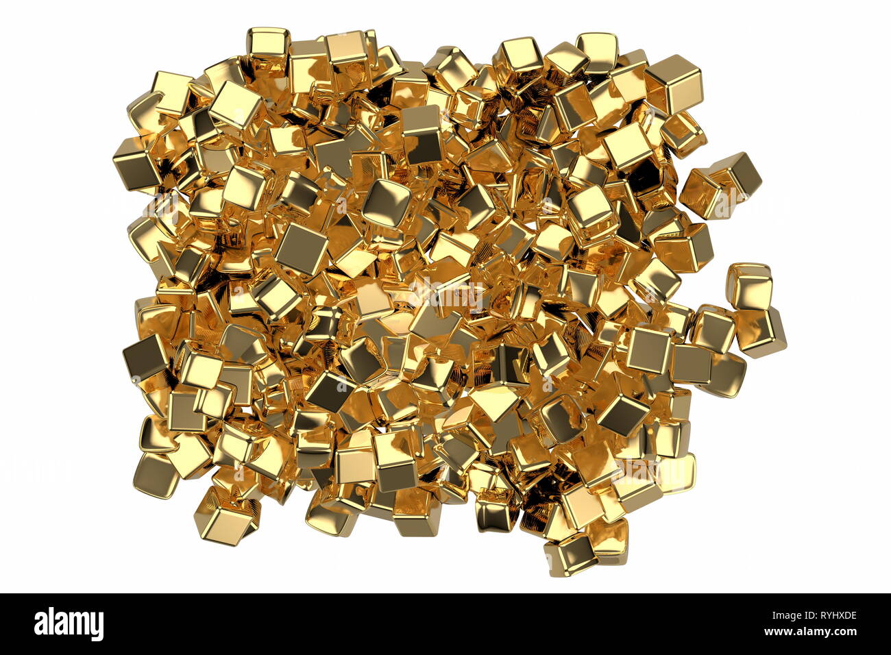 large pile of gold bars in the shape of boxes, 3D illustration isolated