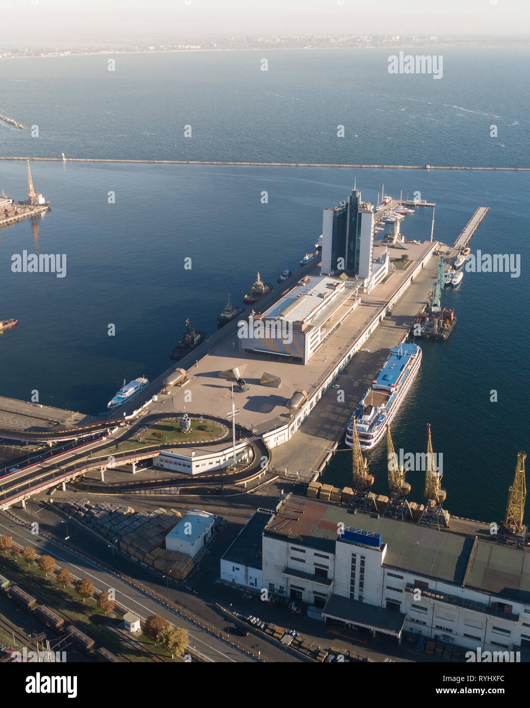 Aerial view panorama of Odessa with port and sea, Ukraine Stock Photo