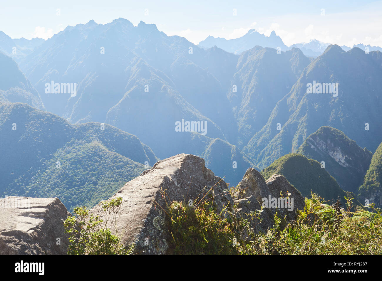 Summer travel landscape with mountains background on sunrise time Stock Photo