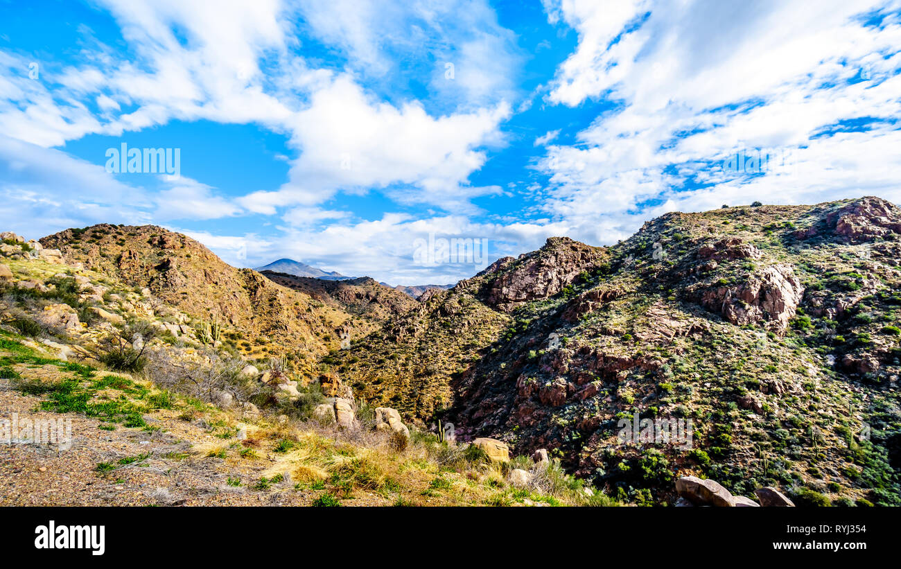 The rugged mountains of the McDowell Mountain Range viewed from Arizona Highway SR87 between Phoenix and the town of Payson in Northern Arizona Stock Photo