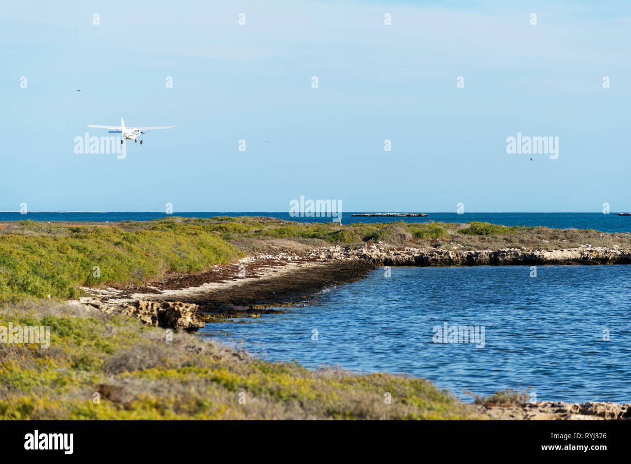 The airstrip on Big Rat Island, Houtman Abrolhos. The Houtman Abrolhos islands lie 60 kilometres off the coast of Geraldton in Western Australia. Ther Stock Photo