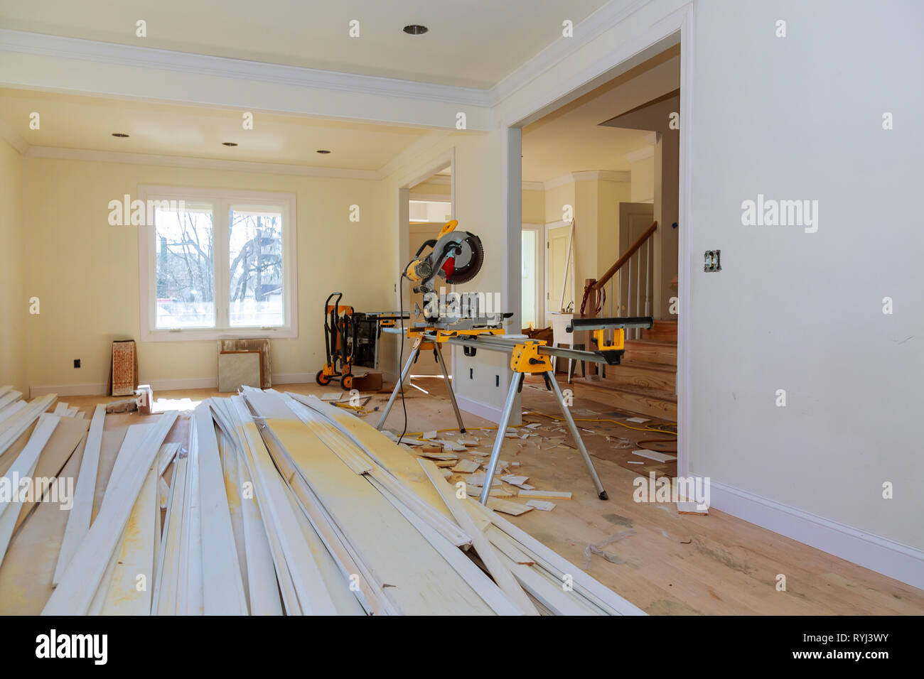 Circular Saw Cutting Wooden Trim On With On Remodeling Home Stock