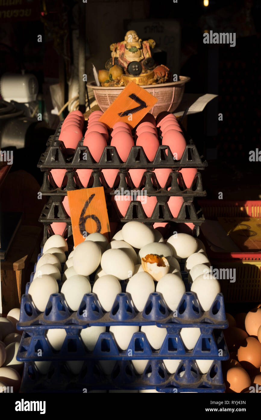 A variety of colored eggs for sale in a market in Khon Kaen, Thailand. Stock Photo