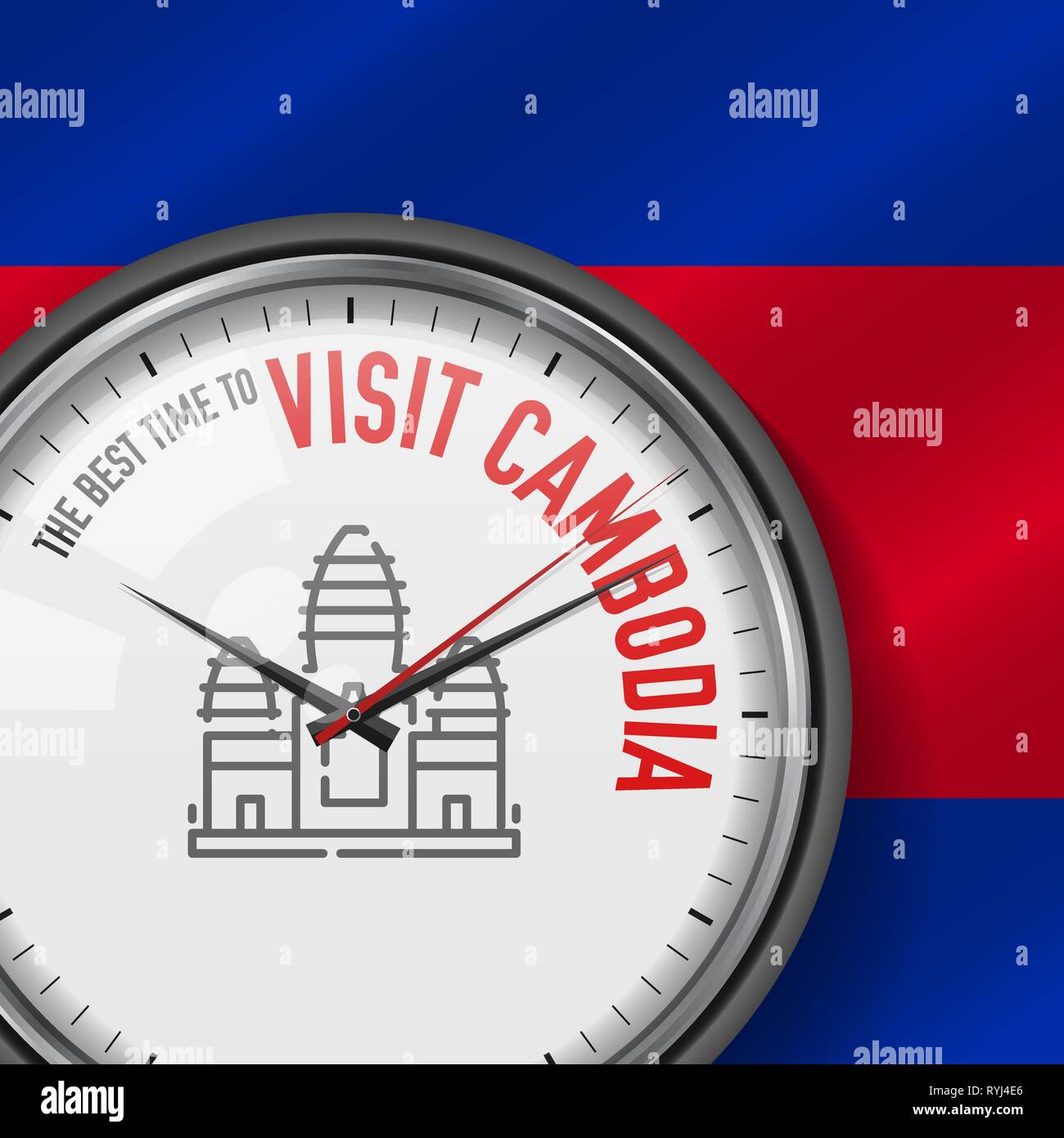 The Best Time for Visit Cambodia. White Vector Clock with Motivational Slogan. Analog Metal Watch with Glass. Vector Illustration on Cambodian Flag Stock Vector