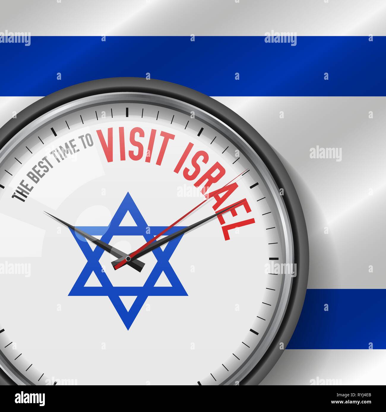 The Best Time for Visit Israel. White Vector Clock with Motivational