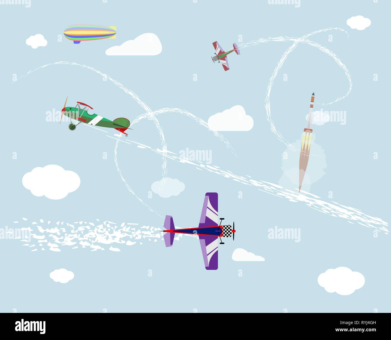 Airshow. Flight of airplanes and airship in the sky. Rocket launch