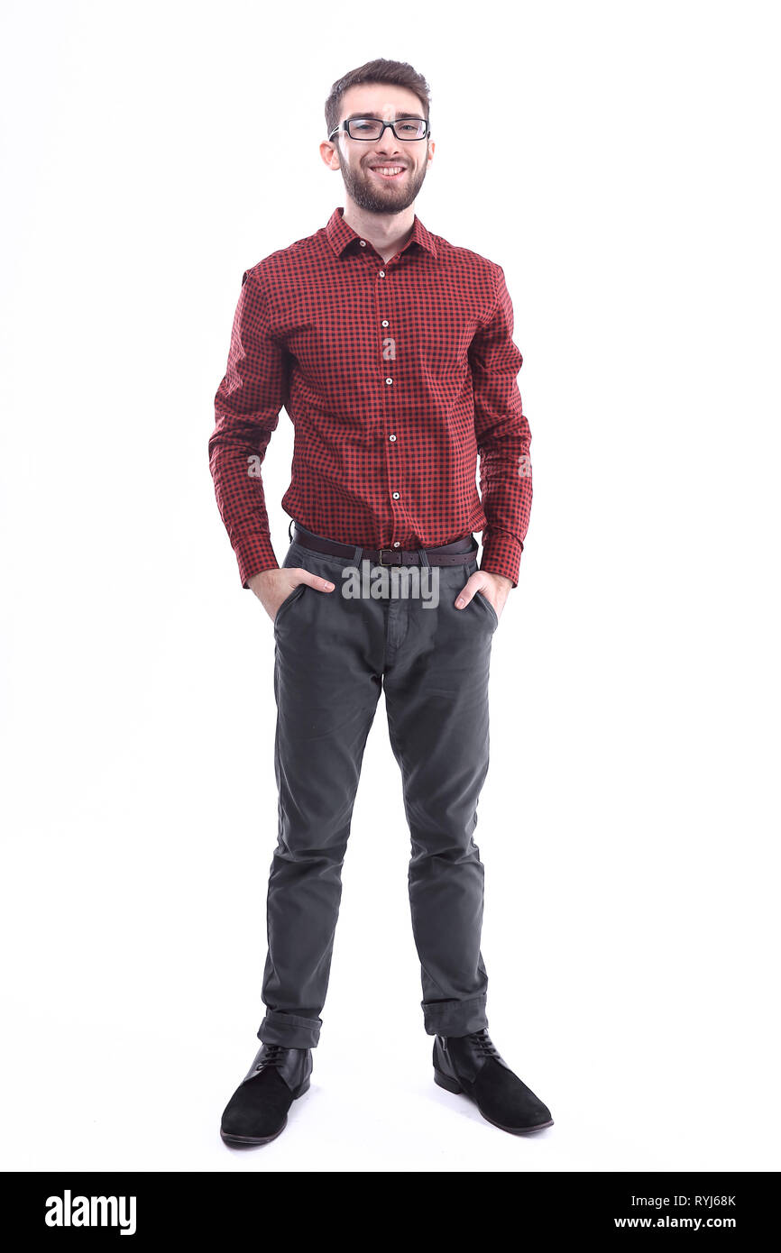 in full growth.portrait of a modern man with glasses and plaid shirt.isolated on white Stock Photo