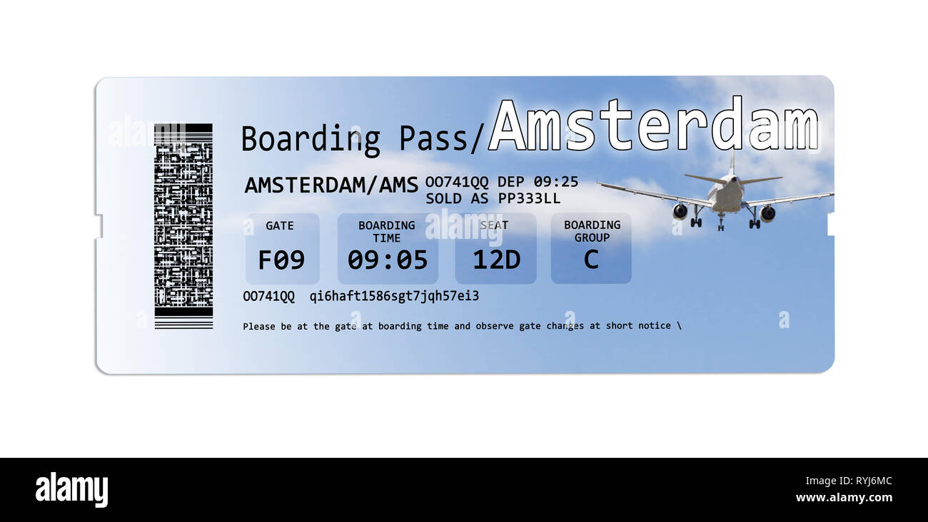 Airline boarding pass tickets to Amstersam isolated on white - The contents  of the image are totally invented Stock Photo - Alamy