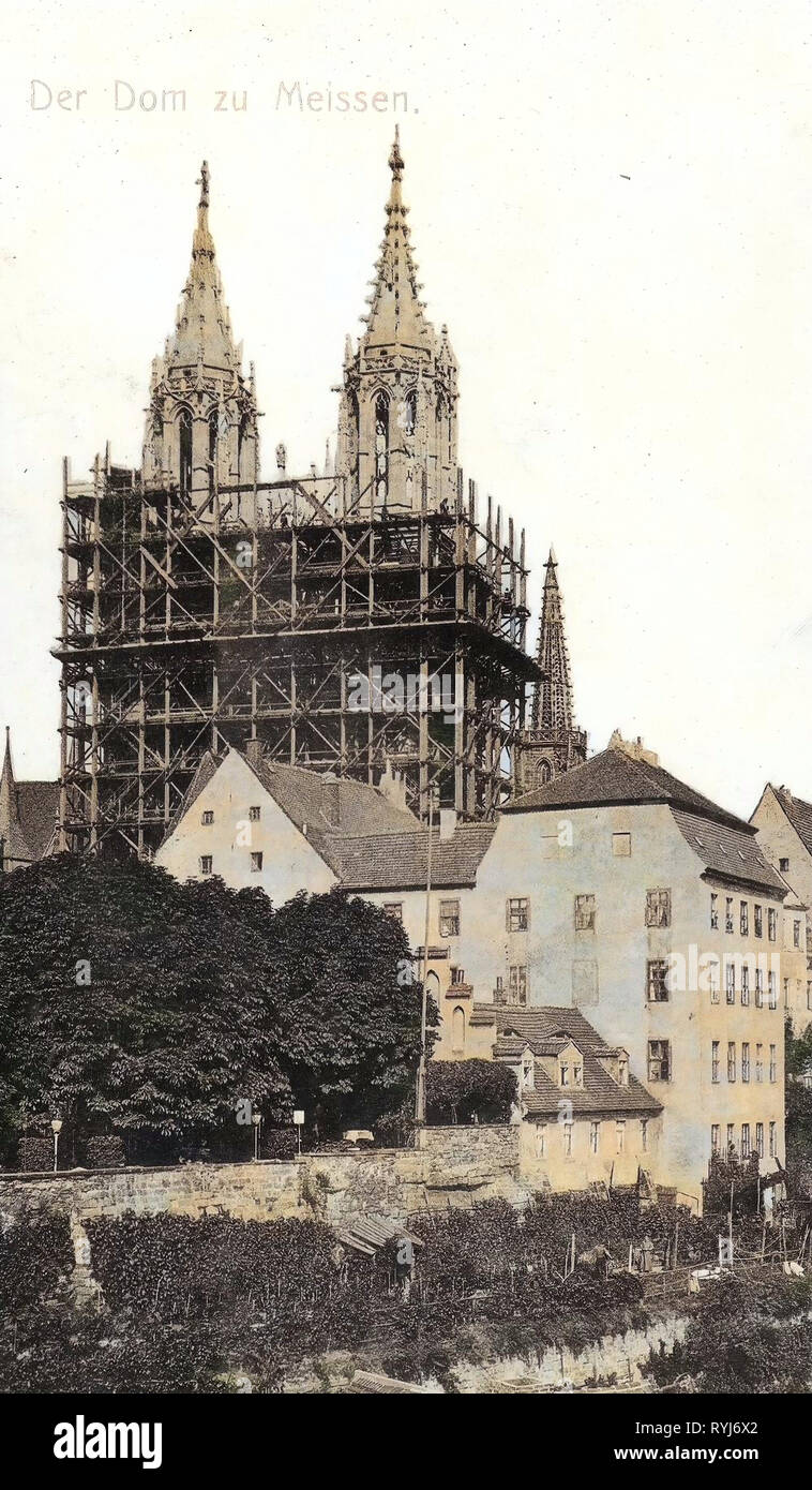 Meissen Cathedral, Scaffolding in Saxony, 1908, Meißen, Dom mit Gerüst und neuen Türmen, Germany Stock Photo