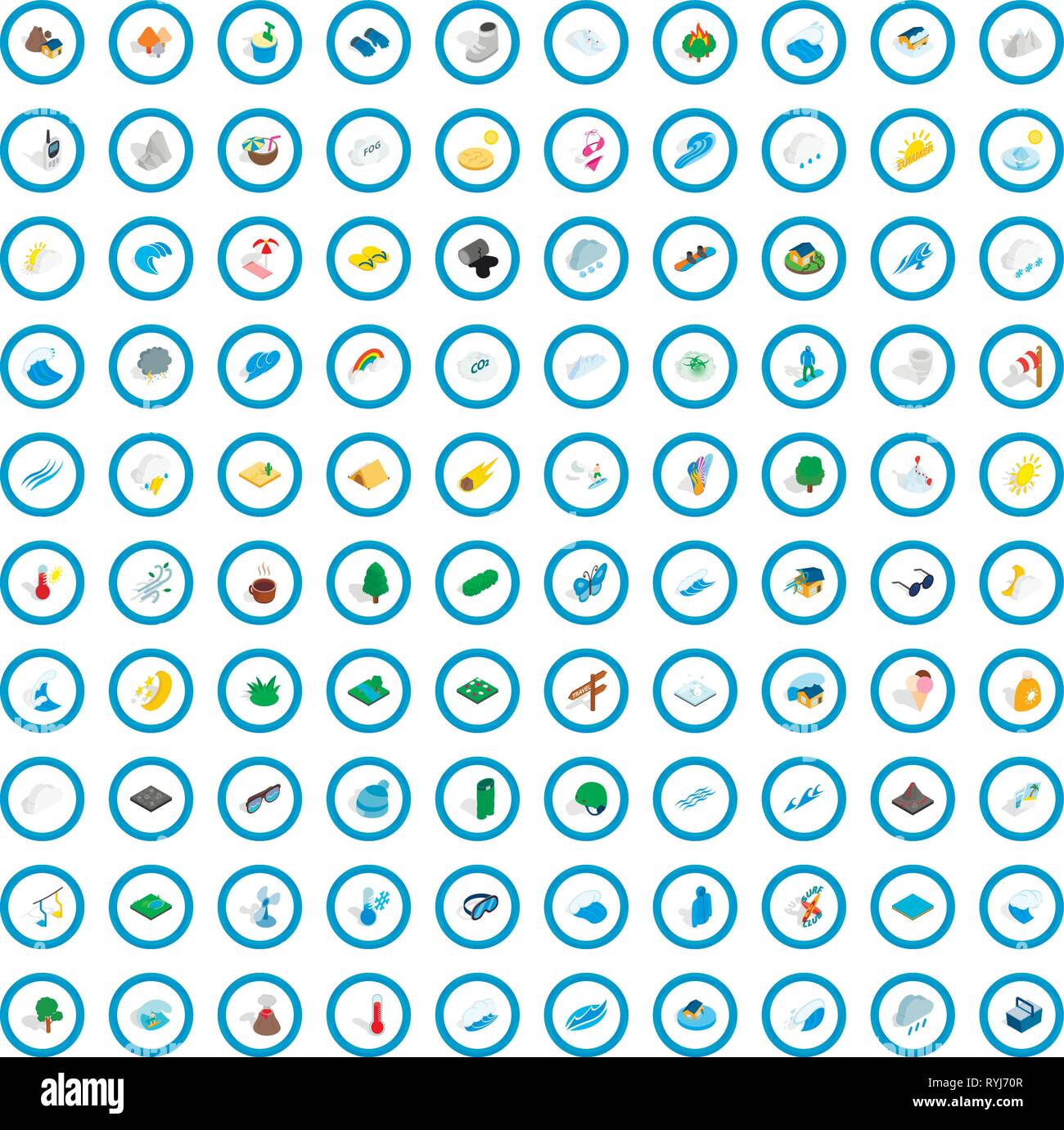 100 forecast icons set, isometric 3d style Stock Vector