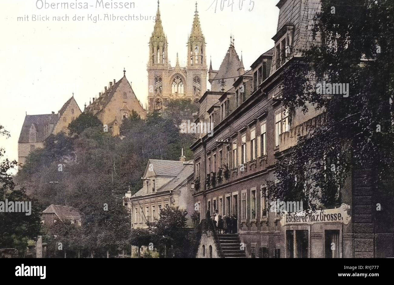 Bakeries in Saxony, Meissen Cathedral, Albrechtsburg, Buildings in Meißen, 1908, Meißen, Obermeisa Nr. 22, 24, 25 und Bäckerei Krosse, Germany Stock Photo
