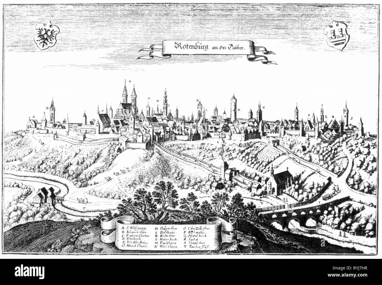 geography / travel, Germany, Rothenburg ob der Tauber, view, copper engraving by Matthaeus Merian, 'Topographia Franconiae', 1648, Artist's Copyright has not to be cleared Stock Photo