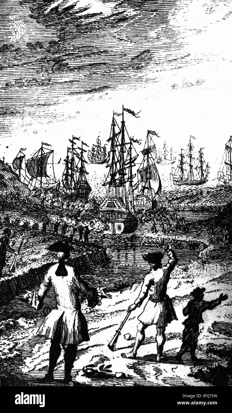 transport / transportation, navigation, buccaneer, English pirates are attacking a Spanish fort, copper engraving, 1st half 18th century, Additional-Rights-Clearance-Info-Not-Available Stock Photo