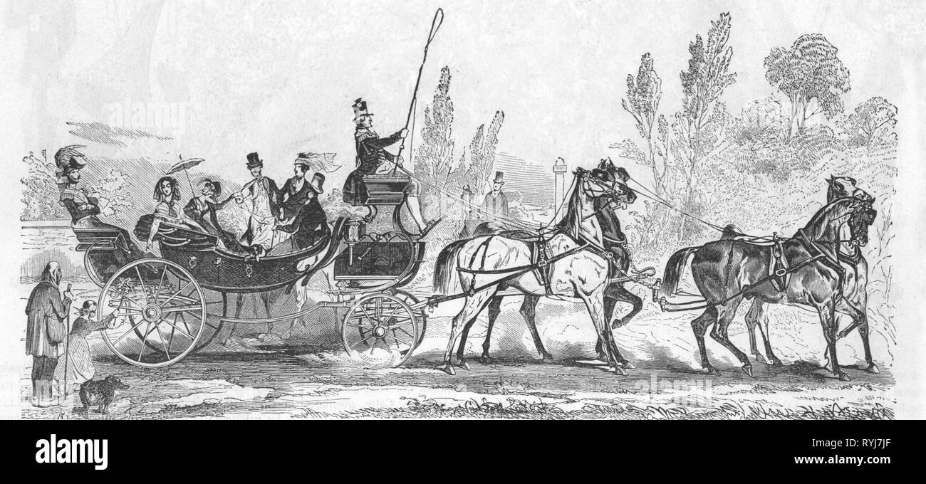 transport / transportation, coach, great calèche, wood engraving, France, circa 1860, Additional-Rights-Clearance-Info-Not-Available Stock Photo