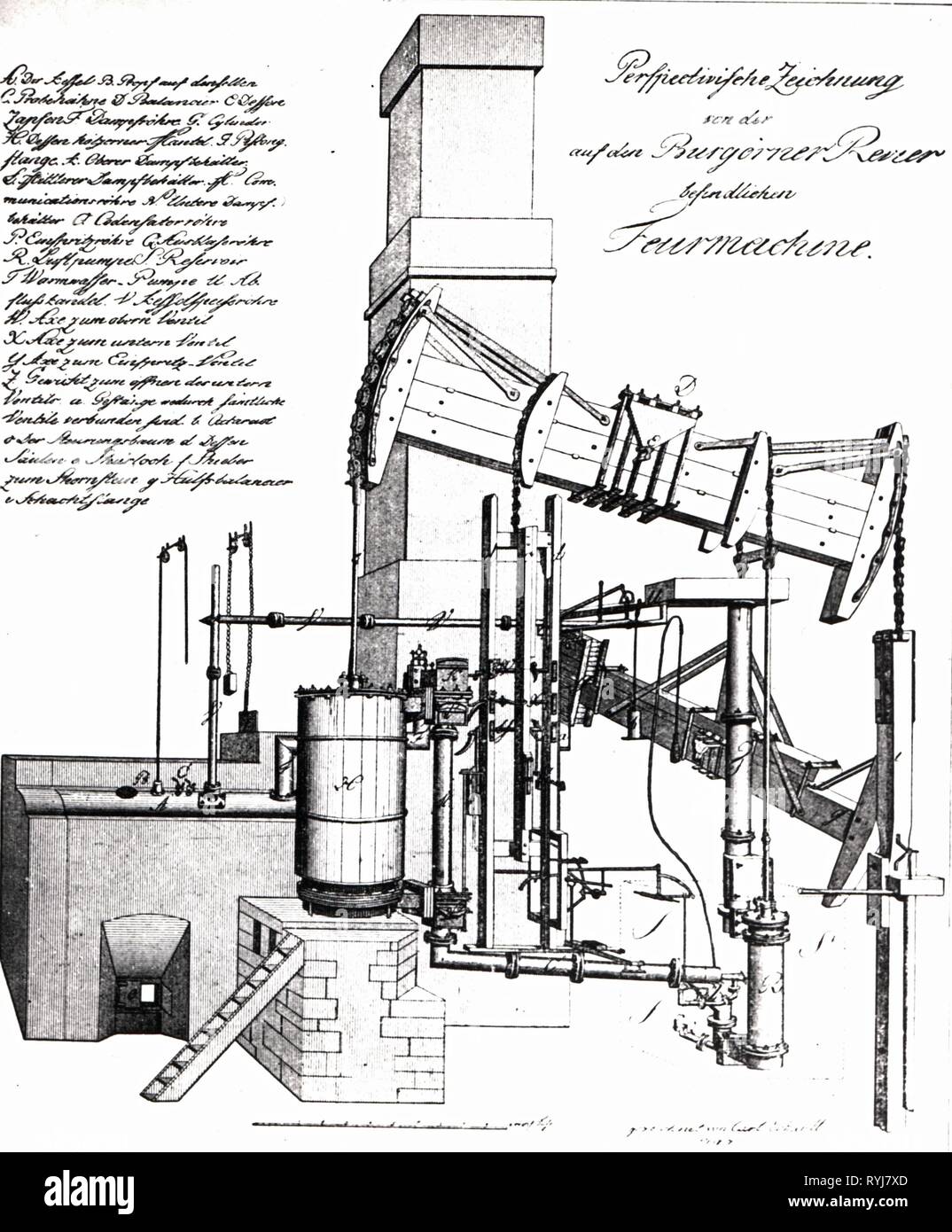 technics, steam engines, machine for the drainage of the Koenig Friedrich shaft at Hettstett, Saxony-Anhalt, construction by Boulton and Watt, Birmingham, copied by Waitz von Eschen and Carl-Friedrich Bueckling, commissioned 1784, copper engraving, 1797, Additional-Rights-Clearance-Info-Not-Available Stock Photo