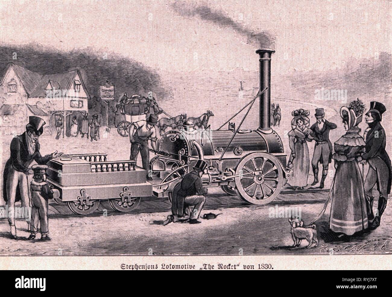 transport / transportation, railway, locomotives, steam locomotive 'Rocket', Robert Stephenson and Company, 1829, wood engraving, late 19th century, Additional-Rights-Clearance-Info-Not-Available Stock Photo