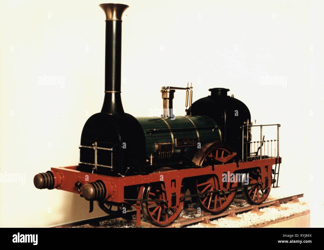 transport / transportation, railway, locomotives, steam locomotive 'Der Muenchner' of the Munich-Augsburg Railway Company, built in the ironworks of Joseph Anton von Maffei, Hirschau, 1841, mock-up, circa 1990, Additional-Rights-Clearance-Info-Not-Available Stock Photo