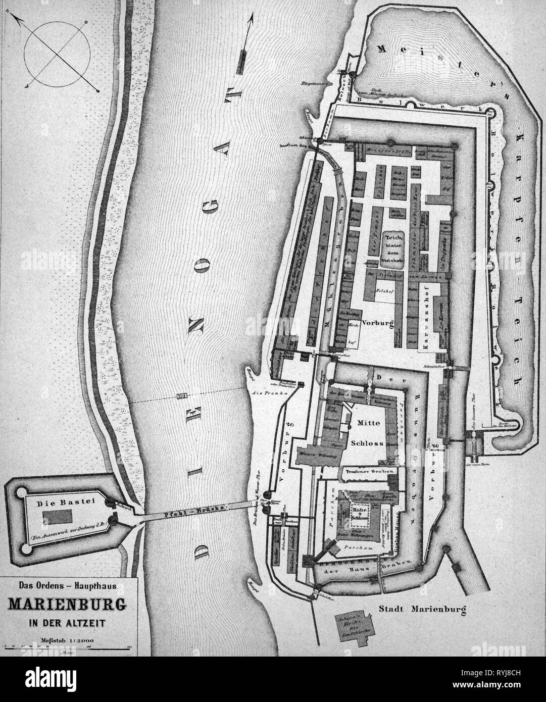 Middle Ages, knights, knight's orders, Teutonic Knights, Malbork Castle, footprint of the mediaeval castle, wood engraving, 19th century, order of knights, knight order, order of knighthood, Marienburg, Grand Master, Pomerania, river, rivers, Nogat, Poland, knight's castle, Prussia, bridge, bridges, medieval, mediaeval, historic, historical, Additional-Rights-Clearance-Info-Not-Available Stock Photo