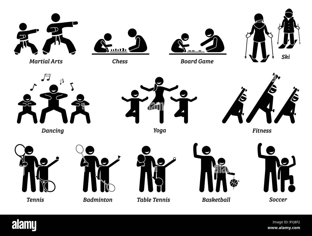 Enrichment programs for children. Illustrations depict sports and games for kids to learn and play. Stock Vector