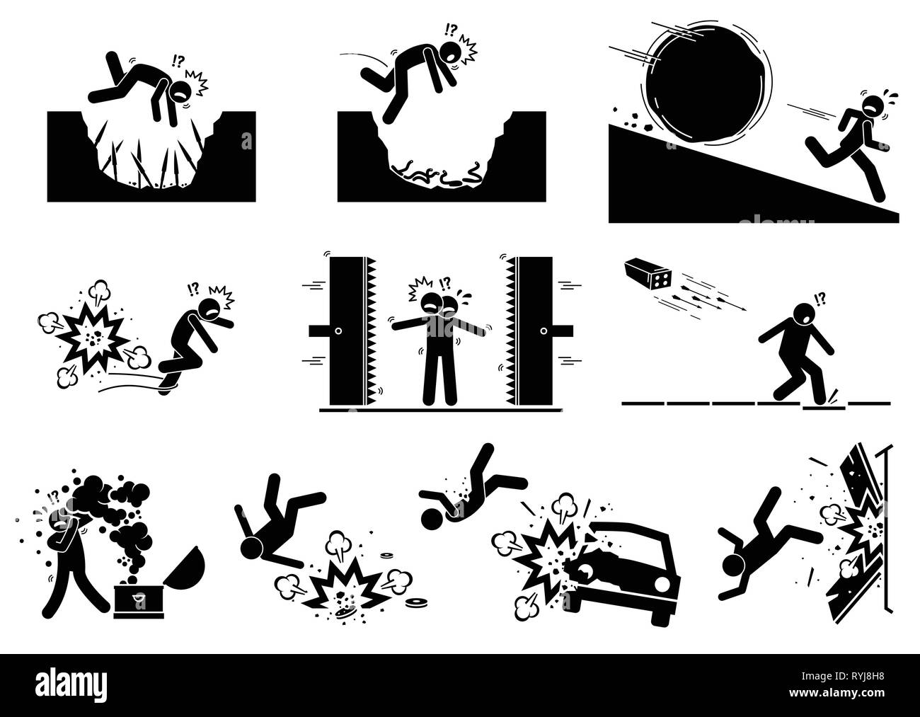 Booby trap pictograms. Stick figure icons depict ancient and modern booby trap setup that kill human. Stock Vector