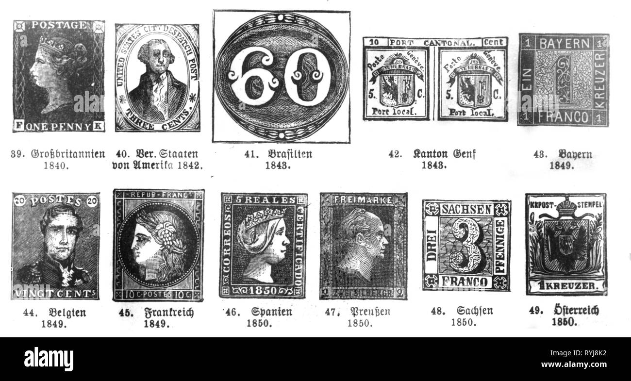 mail, postage stamps, the oldest postage stampss of the world, later 19th century, Great Britain 1840, USA 1842, Empire of Brazil, Canton of Geneva 1843, Kingdom of Bavaria 1849, Kingdom of Belgium 1849, Republic of France 1849, Kingdom of Spain 1850, Kingdom of Prussia 1850, Kingdom of Saxony 1850, Austria, Austrian Empire 1850, Germany, Switzerland, philately, Europe, America, portrait, people, mail, post, oldest, eldest, postage stamps, postage stamp, world, worlds, historic, historical, Additional-Rights-Clearance-Info-Not-Available Stock Photo