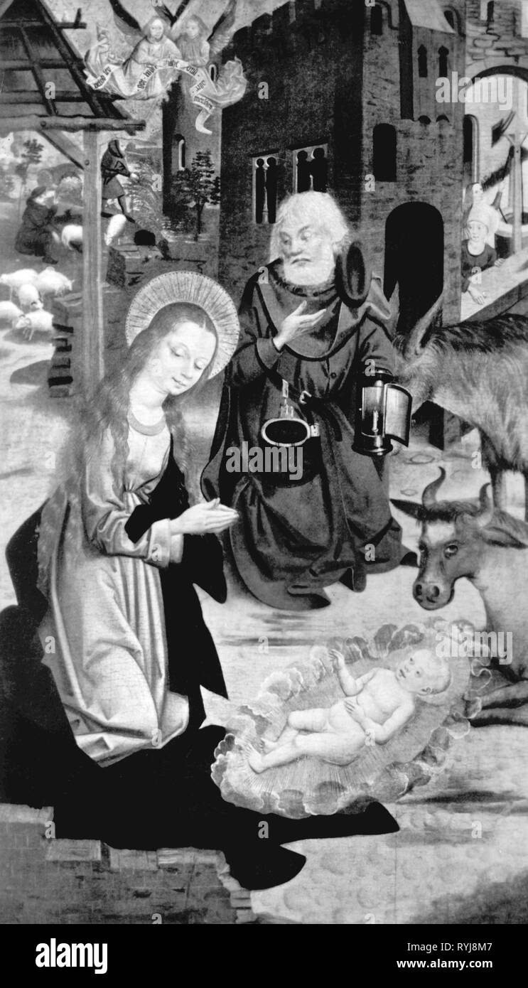 religion, Christianity, Jesus Christ, nativity, 'The Nativity', painting, Middle Rhine master, circa 1480, Artist's Copyright has not to be cleared Stock Photo