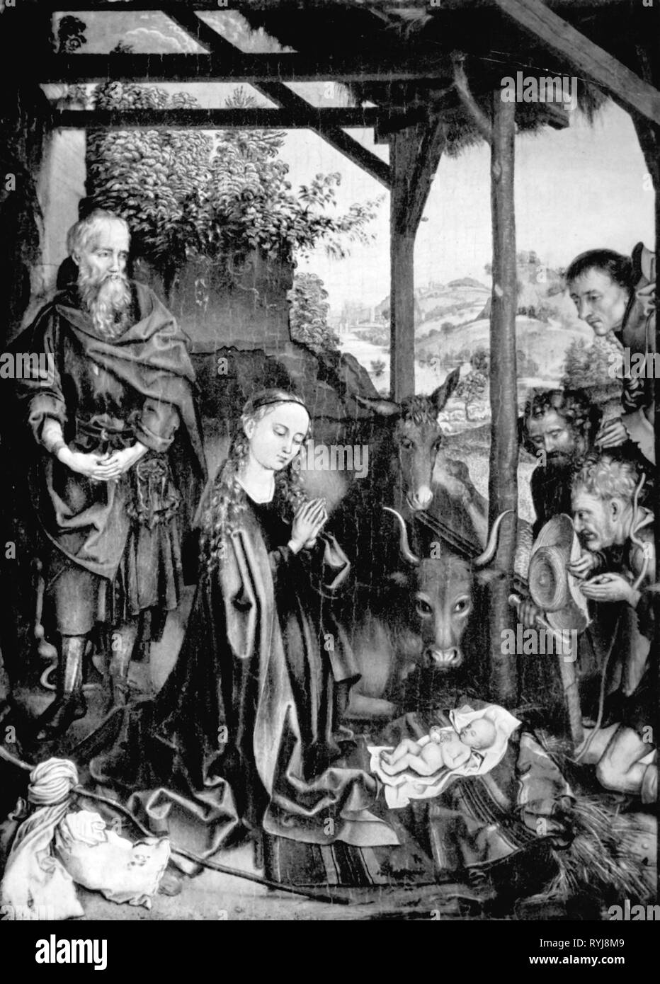 religion, Christianity, Jesus Christ, nativity, 'Adoration of the Shepherds', painting by Martin Schongauer (circa 1445 / 1450 - 1491), circa 1480, Artist's Copyright has not to be cleared Stock Photo
