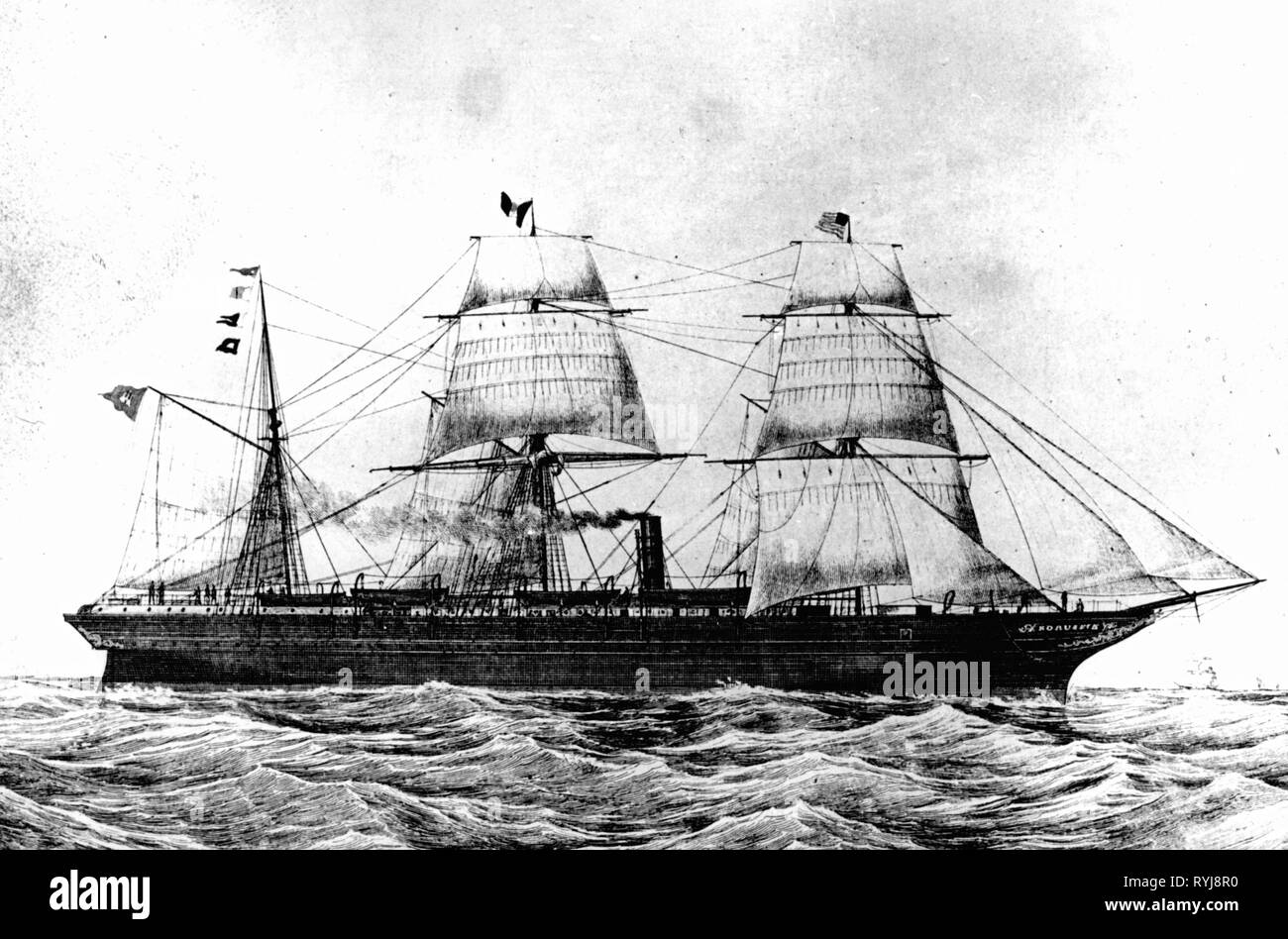 transport / transportation, navigation, steamship, 'Borussia', built by Caird and Company, Greenock, Scotland, in commission of the HAPAG 1856 - 1876, on sea, after wood engraving, circa 1860, Additional-Rights-Clearance-Info-Not-Available Stock Photo