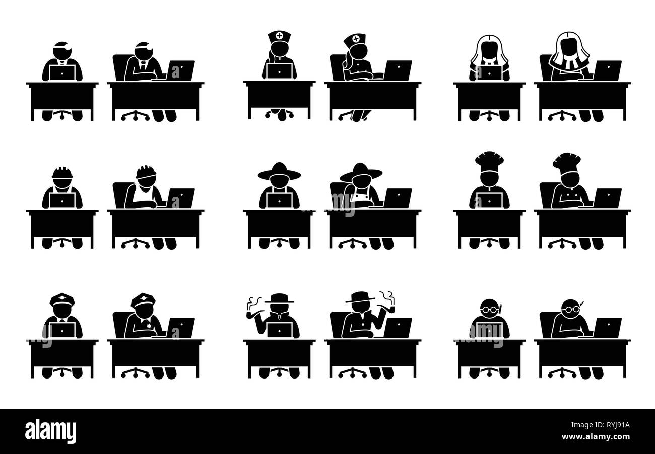 Different jobs of people using Internet through the computer. Icons depict doctor, nurse, judge, industrial worker, farmer, chef, police, detective, a Stock Vector