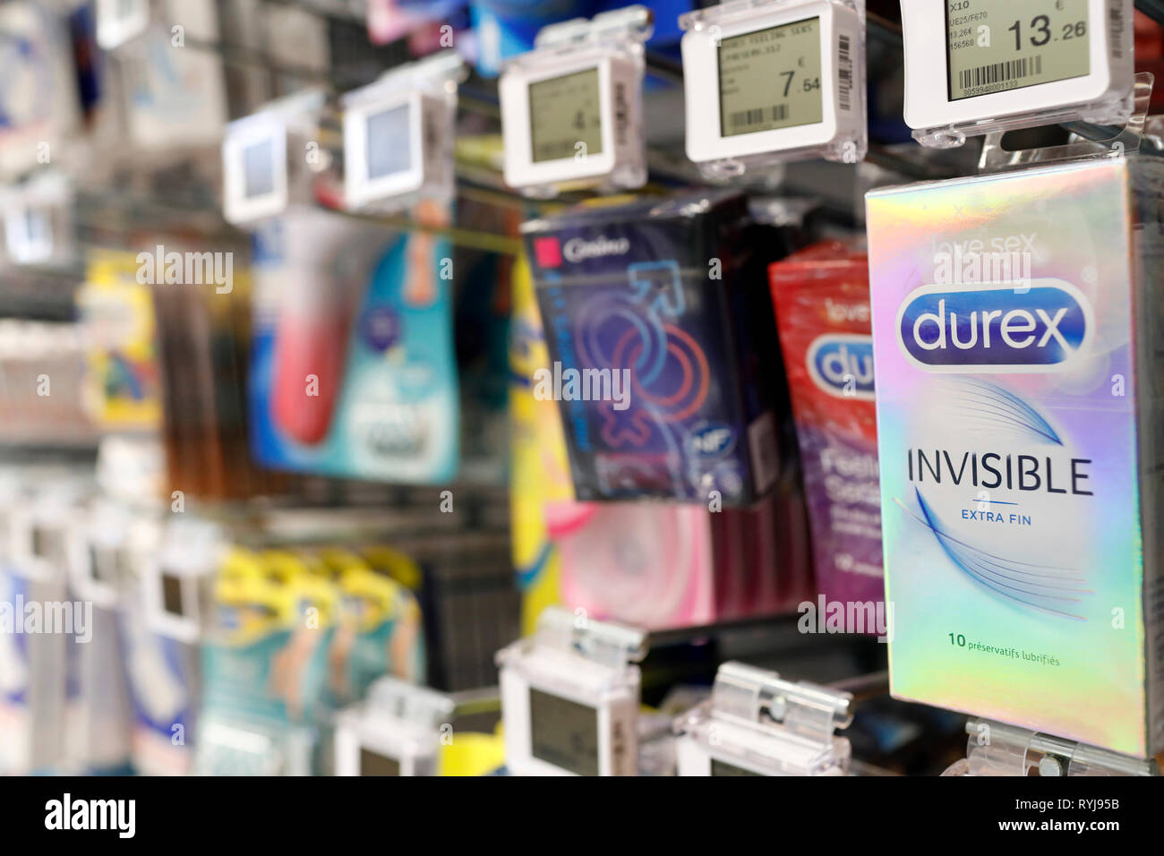 Stalls in row at supermarket.   Parapharmacy products. Condoms.  France. Stock Photo