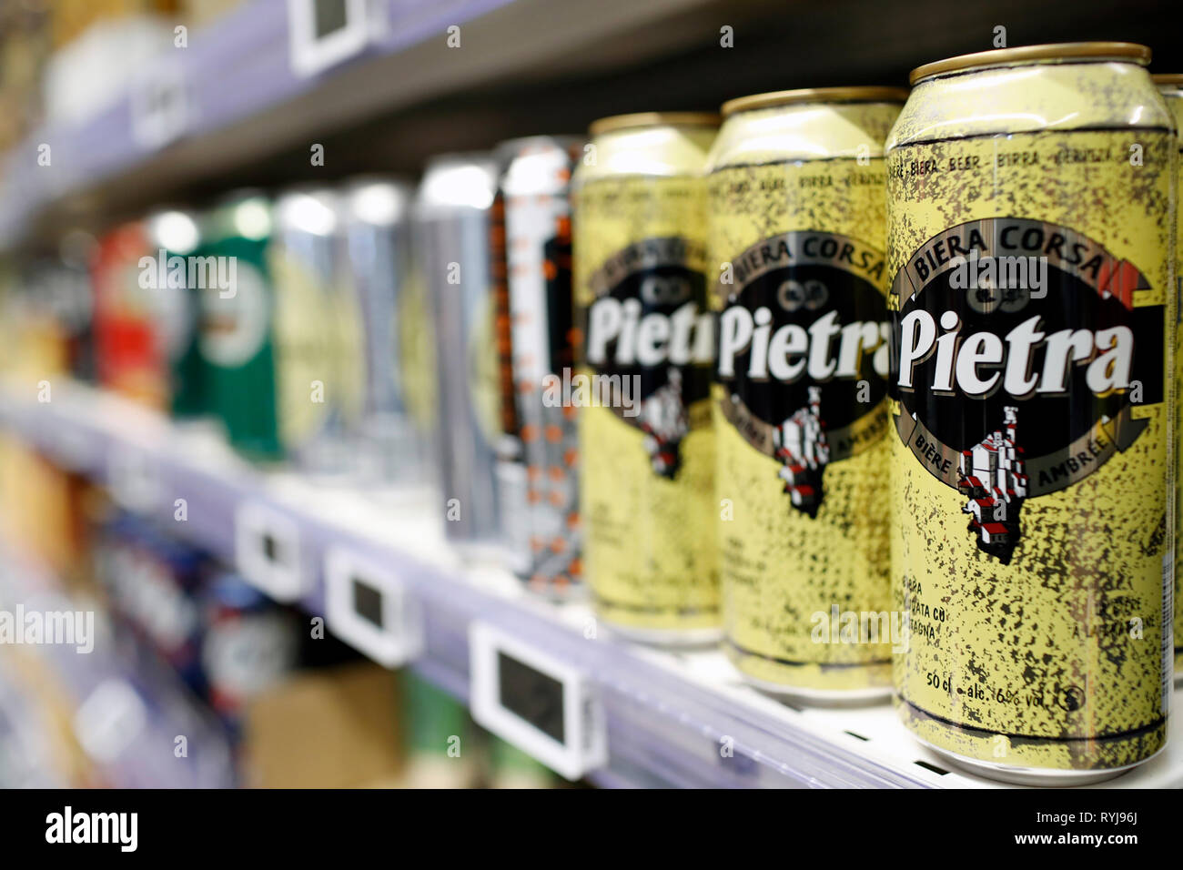 Stalls in row at supermarket. Beers. France. Stock Photo
