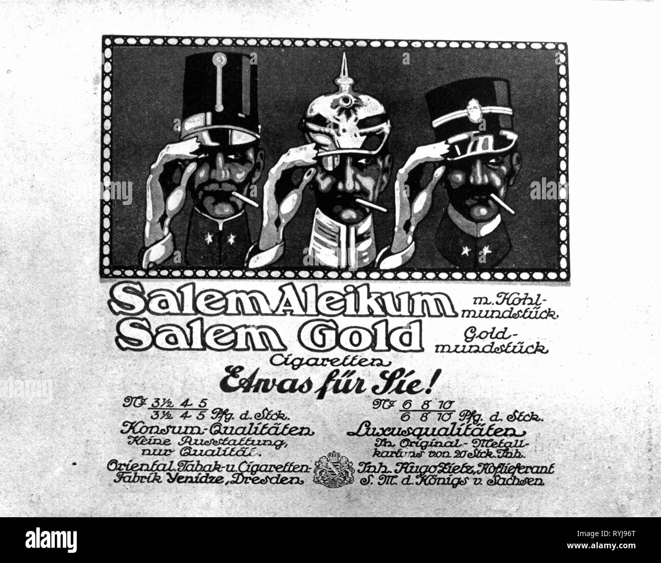 advertising, tobacco advertising, Salem Aleikum and Salem Gold cigarettes, cigarette factory Yenidze, Dresden, slogan: Something for You, advertising poster, Germany, 1913, Additional-Rights-Clearance-Info-Not-Available Stock Photo