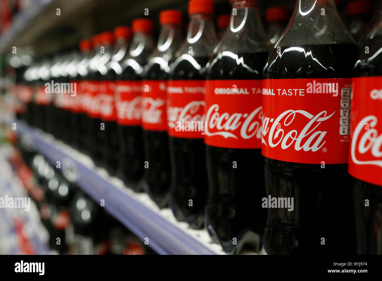 Stalls in row at supermarket. Soft drinks. Coca Cola.  France. Stock Photo