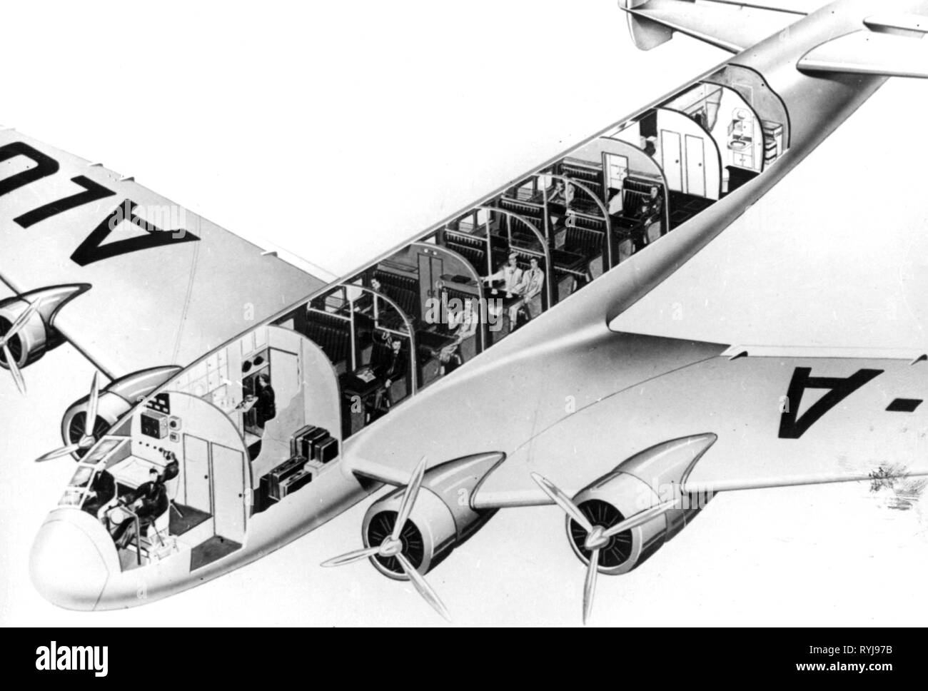 transport / transportation, aviation, aircraft, Junkers Ju 90, sectional drawing, 1938, Additional-Rights-Clearance-Info-Not-Available Stock Photo