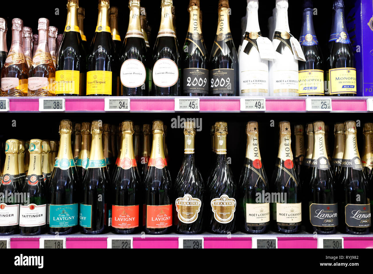 Stalls in row at supermarket. Champagnes. France Stock Photo Alamy