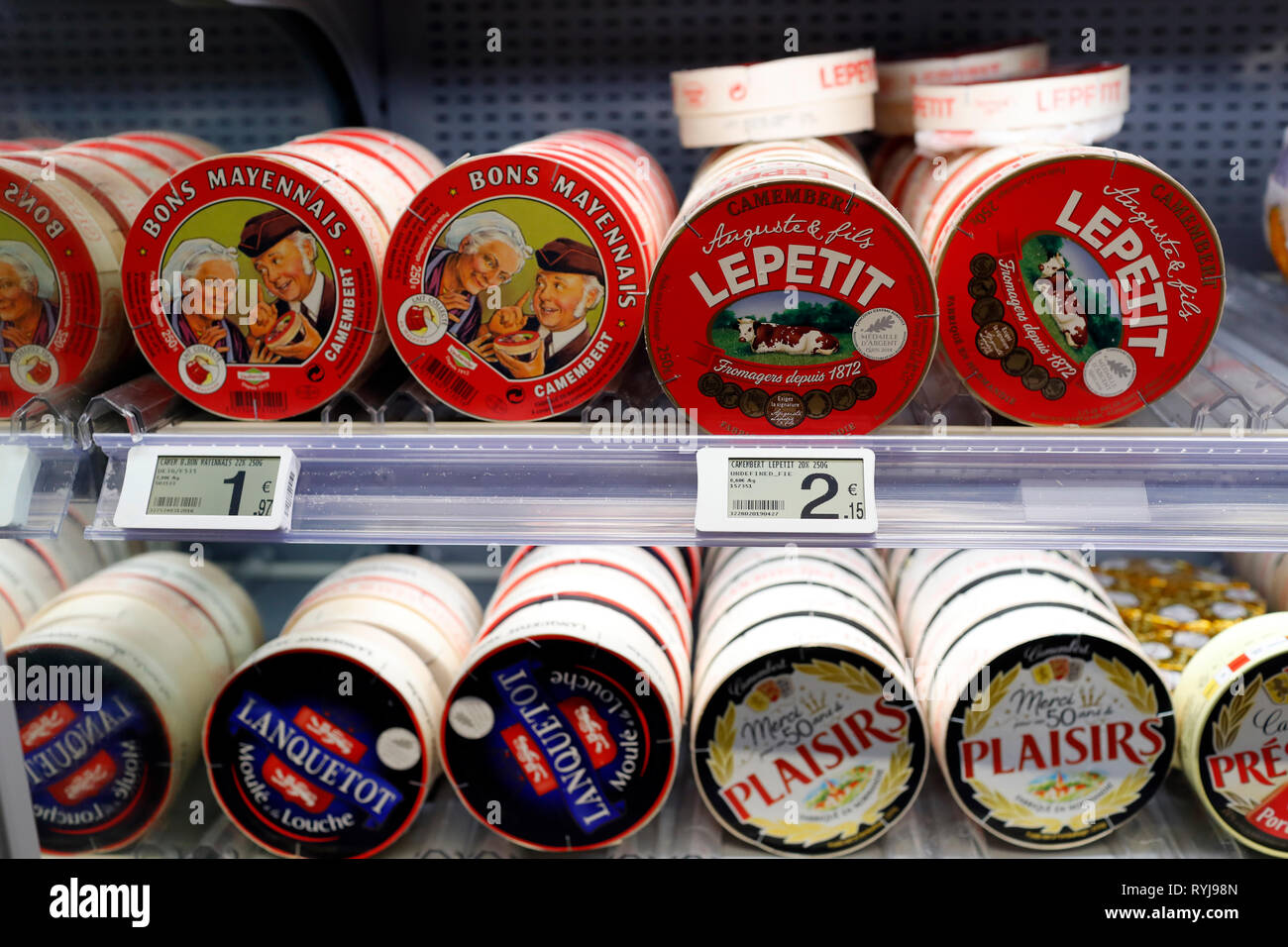 French cheese. Camembert.  Supermarket.   France. Stock Photo