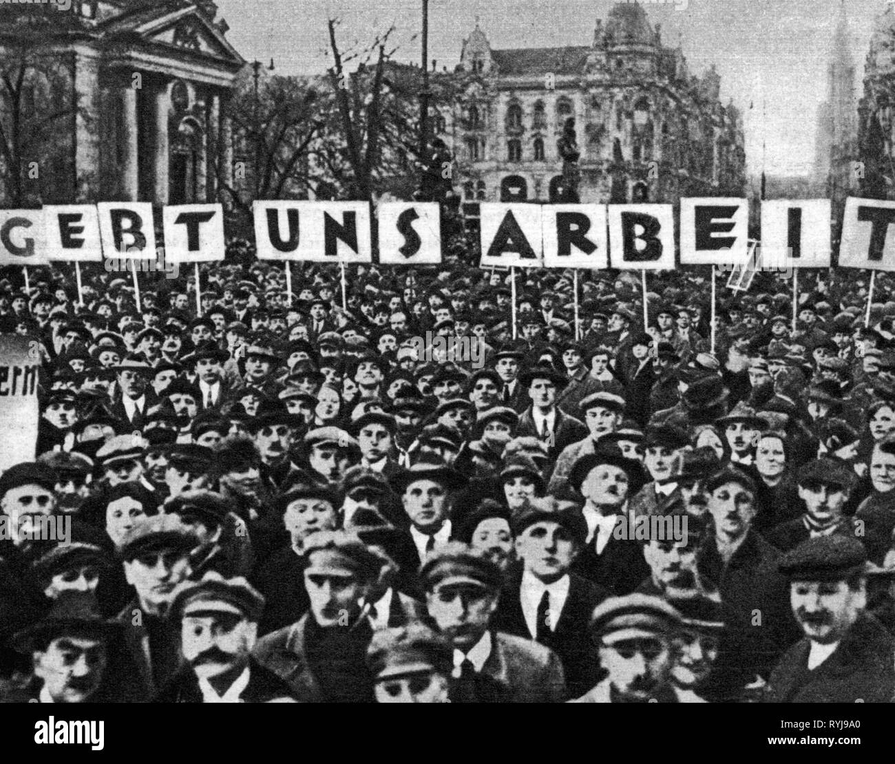 world depression, unemployment, demonstrating unemployed, demand 'Give us Work', Berlin, circa 1931, Additional-Rights-Clearance-Info-Not-Available Stock Photo