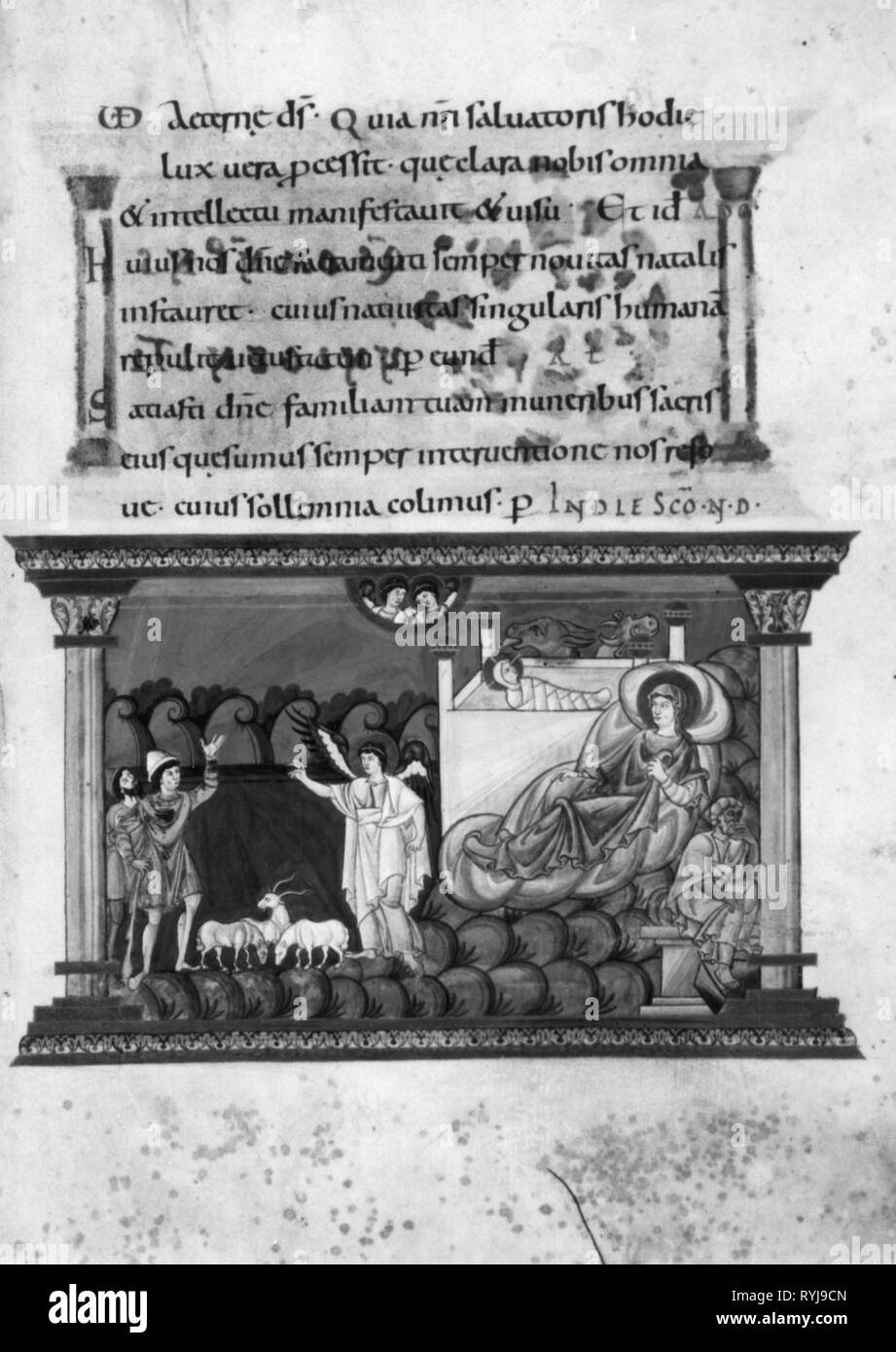 religion, Christianity, Jesus Christ, nativity, 'Adoration of the Child', illumination, sacramentary, Fulda, first quarter 12th century, Middle Ages, medieval, mediaeval, fine arts, religious art, art of painting, illustration, Messiah, Saviour, Redeemer, half-length, half length, Mary, Madonna, herdsman, herder, herdsmen, herders, stable, barn, barnstable, stables, barns, barnstables, adoration, adoring, adore, worshiping, the infant Jesus, baby Jesus, divine infant, angel, angels, ox, oxen, donkey, donkeys, shepherd, shepherds, worship, worship, Additional-Rights-Clearance-Info-Not-Available Stock Photo