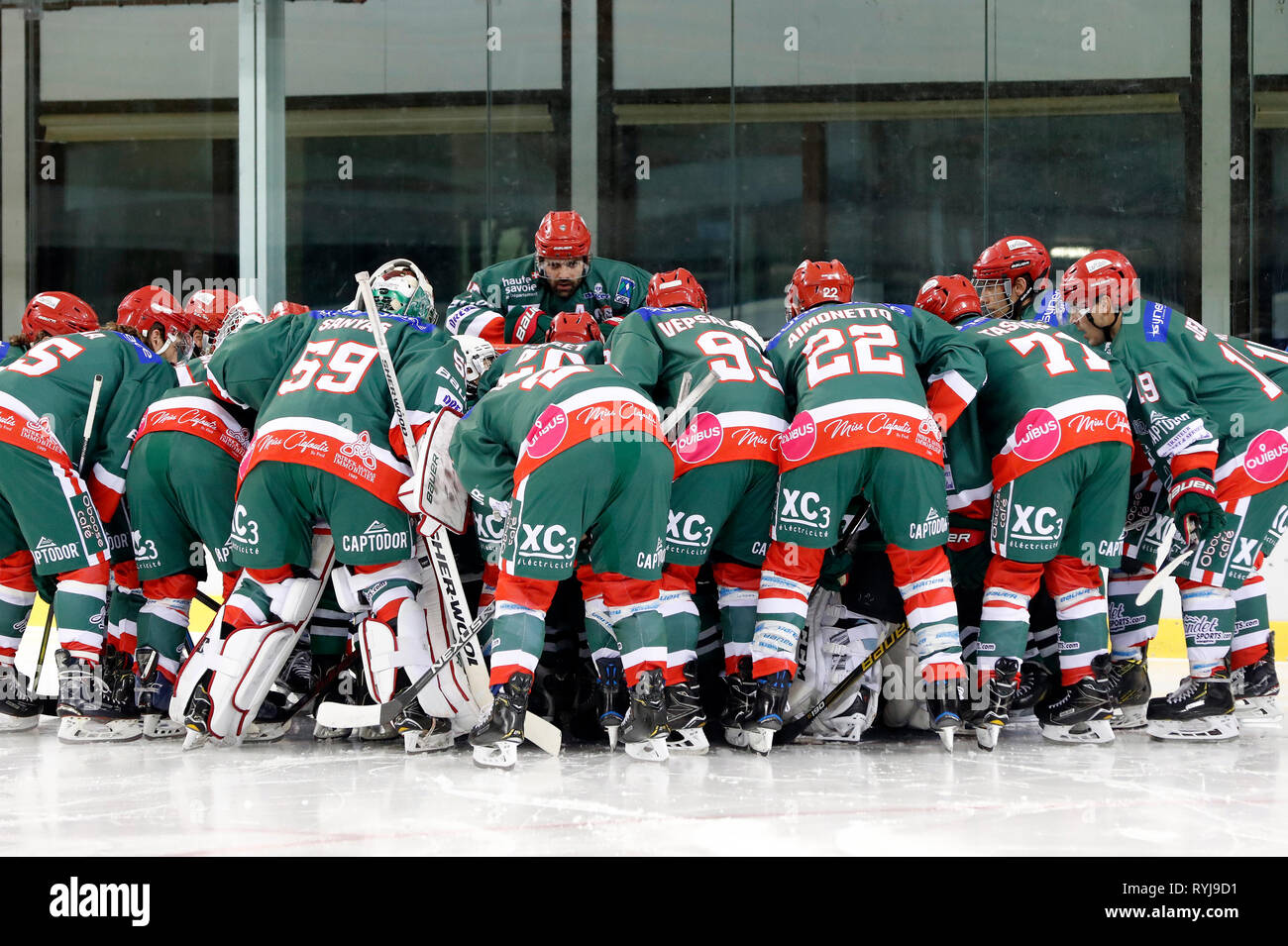 Ice Hockey match.  Hockey team. HC Mont-Blanc 2018 - 2019.  Megeve. France. Stock Photo