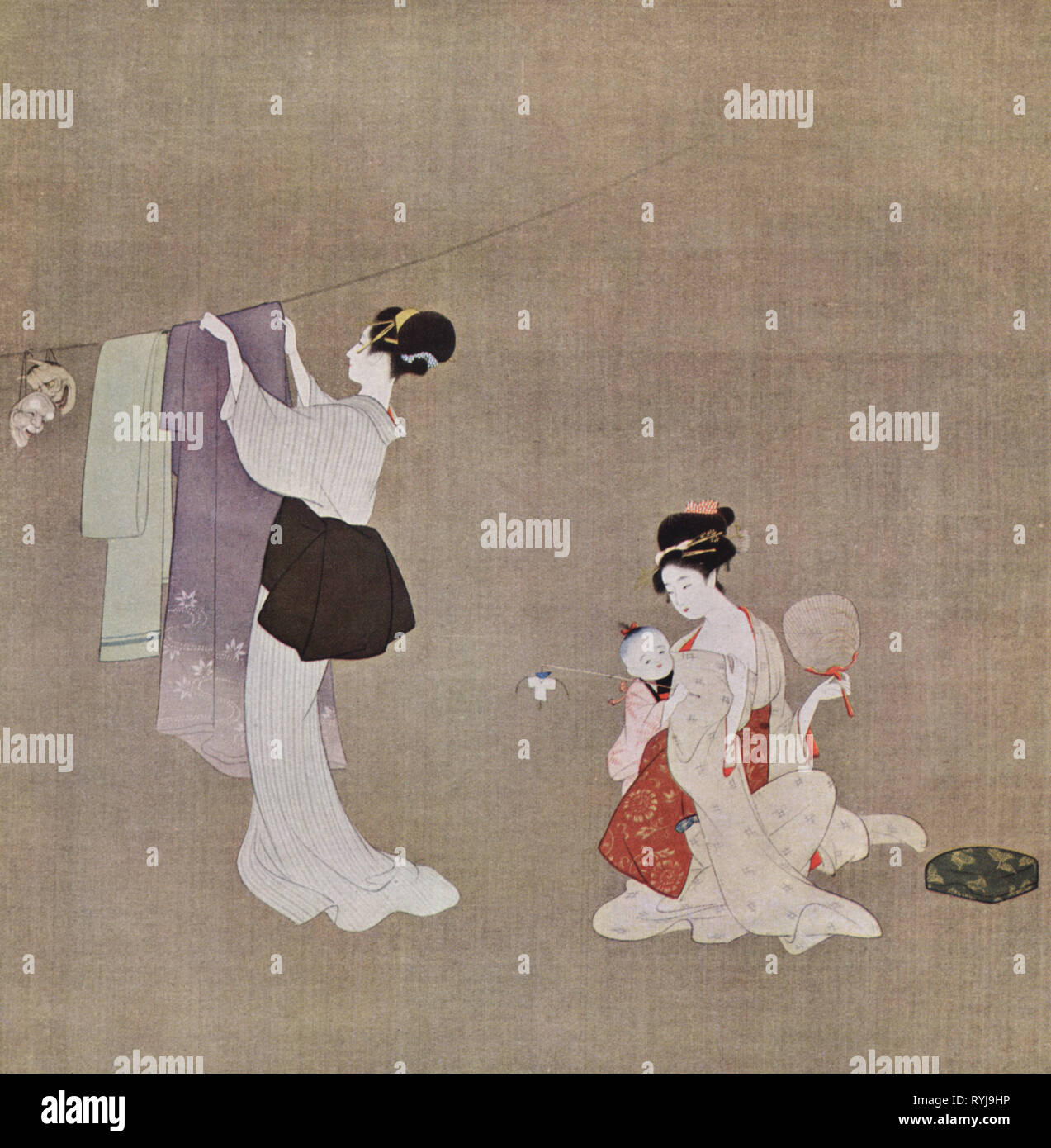 geography / travel historic, Japan, people, two women with child, domestic scene, airing dresses, print after silk painting by Uemura Shoen, 1st half 20th century, clothesline, clotheslines, fan, fans, household, households, everyday life, daily routine, painting, fine arts, art, Bijin-ga, Bijinga, ukiyo-e, female, clothes, fashion, child, children, kid, kids, scene, scenes, dress, dresses, print, printings, historic, historical, half length, half-length, Artist's Copyright has not to be cleared Stock Photo