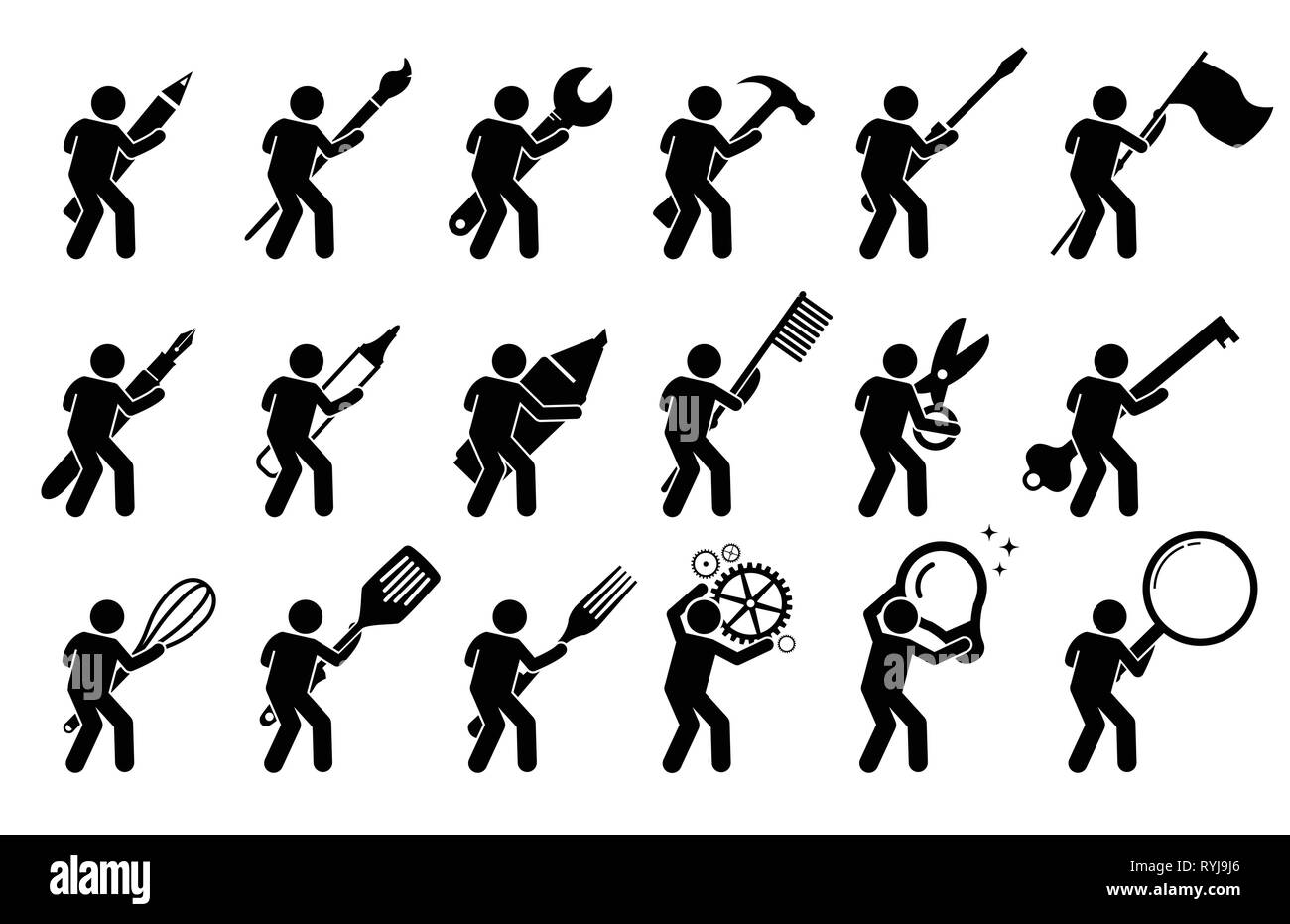 Stick figure stick man using various tools, and equipments. It includes writing and drawing instruments, mechanic tools, cooking utensils, and other o Stock Vector