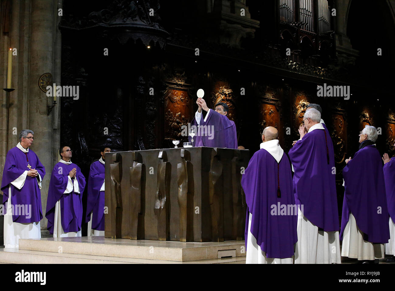 Ash wednesday celebration at Notre Dame cathedral, Paris, France. Stock Photo