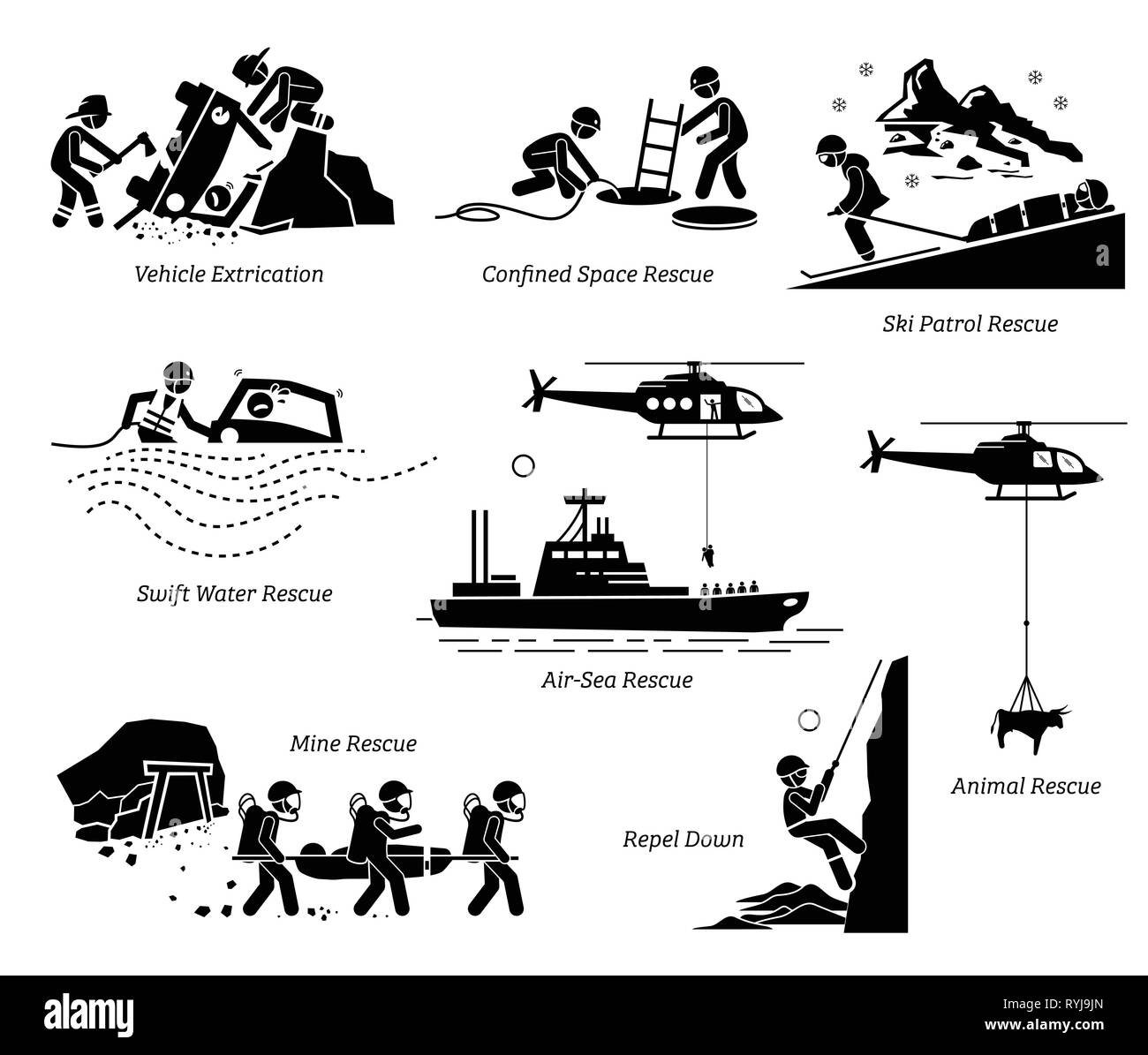 Rescue operations pictograms. Illustrations depict life saving and rescue operation in different places and situations for both human and animal. Stock Vector