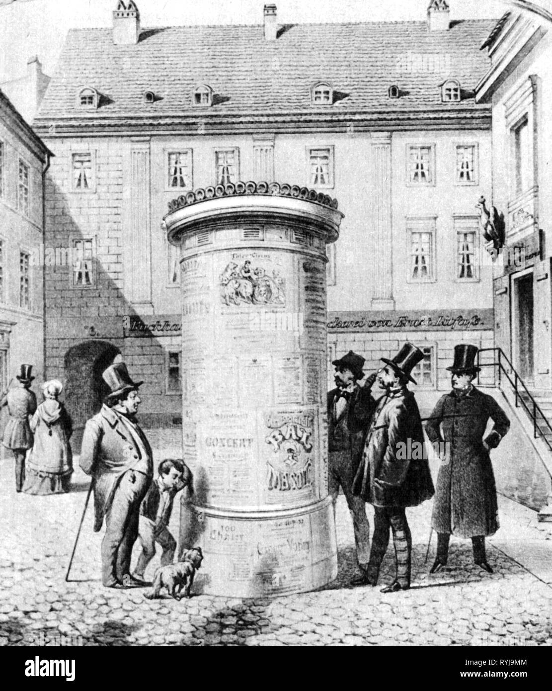 advertising, advertising medium, advertising pillars, the first advertising pillar at Muenzstrasse in Berlin, erected 15.4.1855, Additional-Rights-Clearance-Info-Not-Available Stock Photo